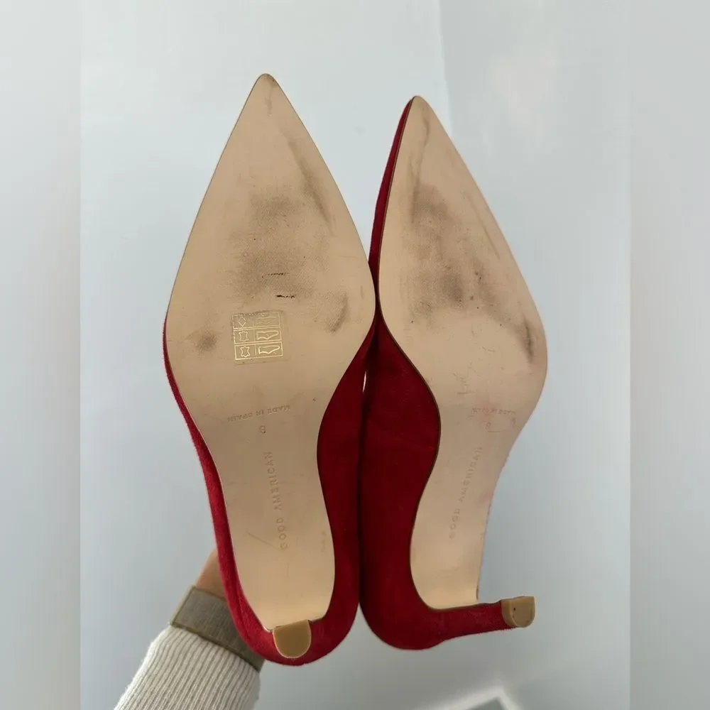 Good American Red Suede Leather The Icon Pointed Toe Pump Stiletto Heel Size 8